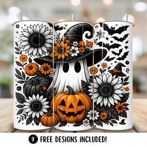 May include: White Halloween-themed tumbler featuring a ghost wearing a witch hat, surrounded by pumpkins, sunflowers, and bats. The design includes the text "9 FREE DESIGNS INCLUDED!" on the bottom. The tumbler has a silver straw and lid.