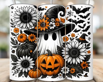 Halloween Ghost Tumbler Wrap PNG, Halloween 20 Unzen Skinny Tumbler Sublimation Design, Kürbis Patch Sofortiger digitaler Download, Herbst Sonnenblumen