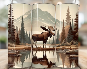 Elch Tumbler Wrap PNG, Waldszene Digitaler Download, Moose Lake Reflection 20 Unzen Skinny Tumbler Wrap Sublimation Designs