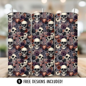 Skull Pattern Tumbler Wrap PNG, Halloween Skeleton 20oz Skinny Tumbler Sublimation Design, Tattoo Gothic Tumbler Designs Digital Download