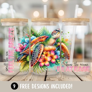 Sea Turtle Glass Can Tumbler Wrap, Ocean Turtle PNG, Turtle 16oz Glass Cup Wrap Sublimation Design, Tropical Summer Beach Digital Download