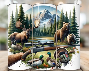 May include: A set of three 20 oz stainless steel tumblers with a hunting theme. The tumblers feature a rifle, a moose, a turkey, and two bears in a forest setting. The tumblers are white with a green, brown, and blue color scheme.