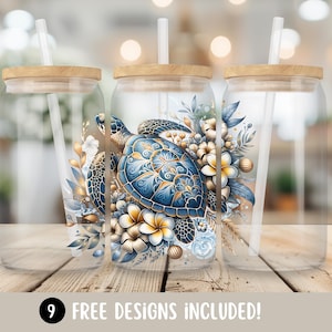Sea Turtle Glass Can Tumbler Wrap, Tropical Flowers 16oz Glass Cup Wrap Sublimation Design, Summer Digital Download, Sea Turtle PNG Designs