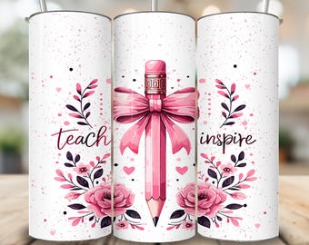 Custom Name Teacher Tumbler Wrap PNG, Pink Bow 20oz Skinny Tumbler Teacher Sublimation Designs, Teacher Appreciation Gift Digital Download