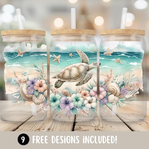 Sea Turtle Glass Can Tumbler Wrap, Sea Turtle PNG Designs, Tropical Flowers 16oz Glass Cup Wrap Sublimation Design, Summer Digital Download