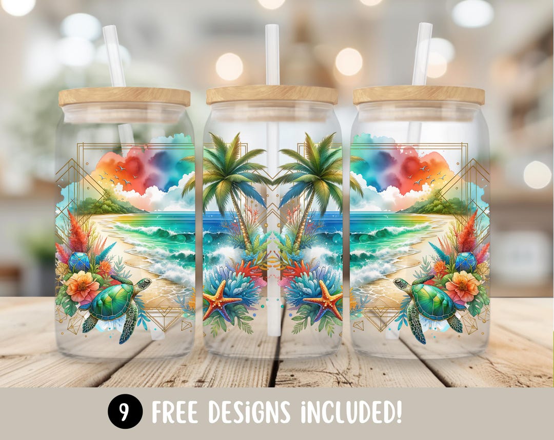 Tropical Sea Turtle Glass Can Tumbler, Summer Beach 16oz Glass Cup Wrap ...