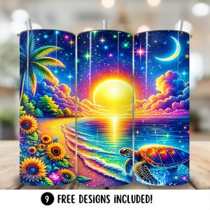 May include: A set of three colorful stainless steel tumblers with a beach scene featuring a sunset, palm trees, a sea turtle, and a crescent moon. The tumblers are perfect for enjoying your favorite beverages.