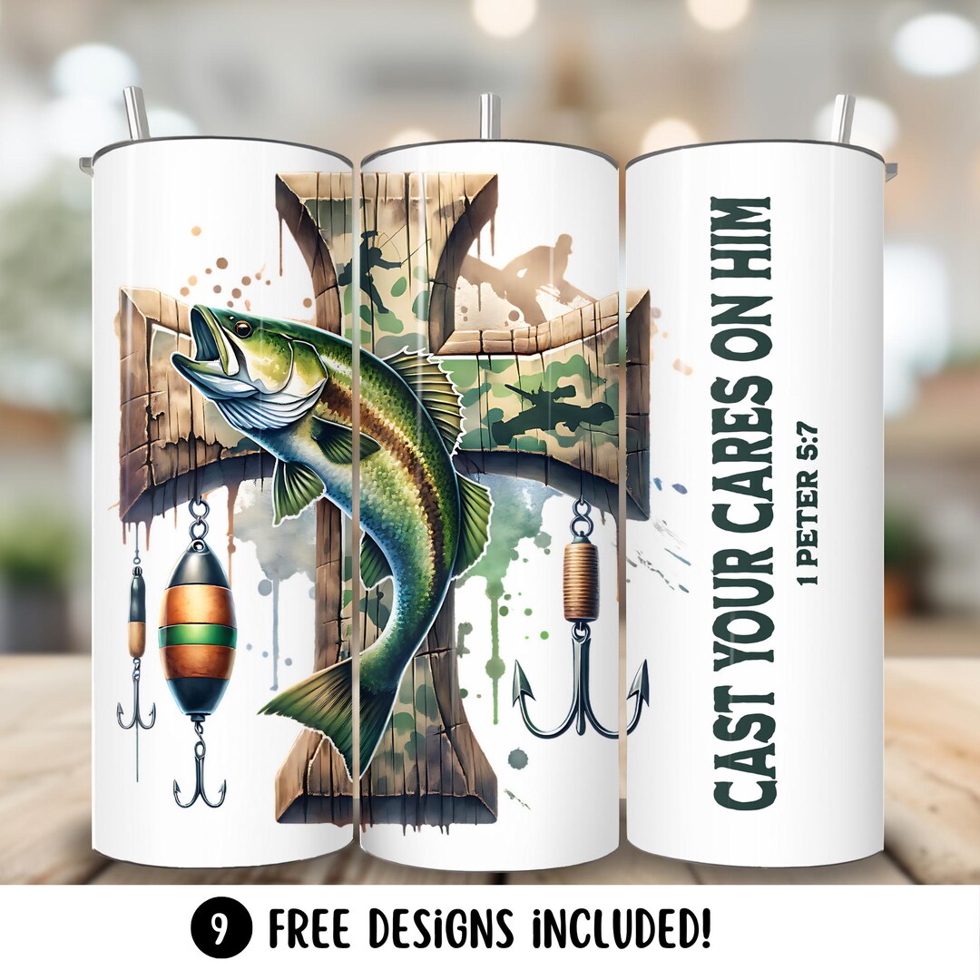 Fishing Dad Tumbler Wrap PNG, Camo Cross Fishing Christian 20oz Skinny ...