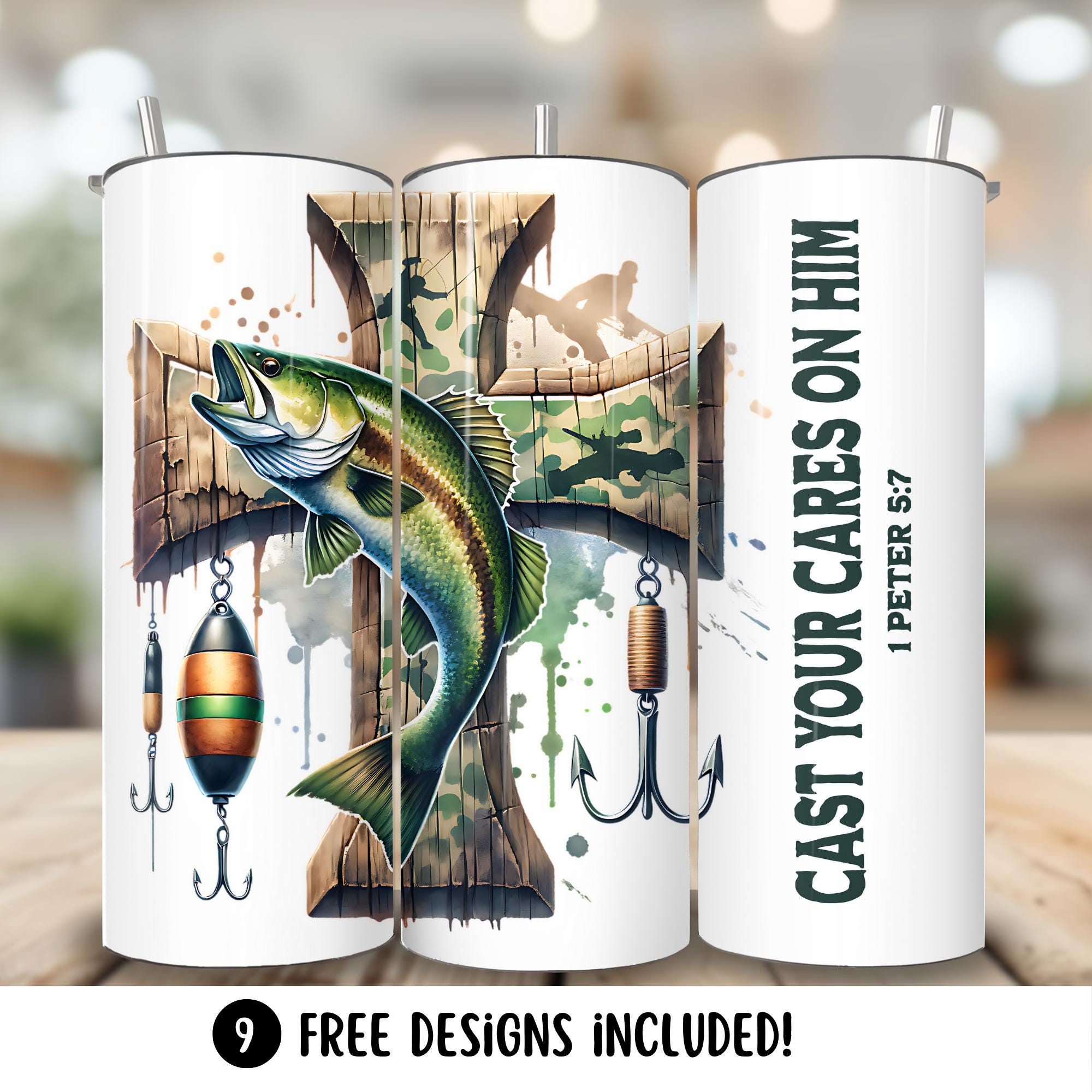 Fishing Dad Tumbler Wrap PNG, Camo Cross Fishing Christian 20oz Skinny ...