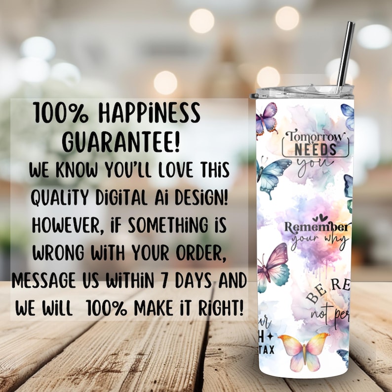 Op de afbeelding: Een witte tumbler met een aquarelontwerp van vlinders en inspirerende citaten. De citaten zijn "Morgen heeft je nodig", "Onthoud je waarom" en "Wees echt, niet perfect".