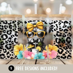 Summer Highland Cow 16oz Glass Cup Wrap, Cow Print Glass Can Wrapping, Highland Cow Flower Sublimation Design, Cowhide PNG Digital Download