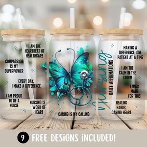 May include: Three glass tumblers with bamboo lids and straws. Each tumbler features a different design with text and graphics related to nursing, including a butterfly, stethoscope, and affirmations like "Compassion is my superpower."