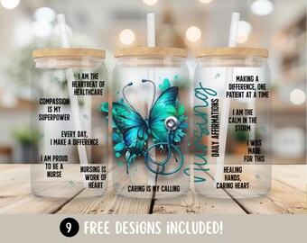 Nurse Affirmations Glass Can Wrapping, Nurse Gifts 16oz Libbey Glass Can Wrap PNG, RN Glass Cup Tumbler Wrap, Nurse Sublimation Designs