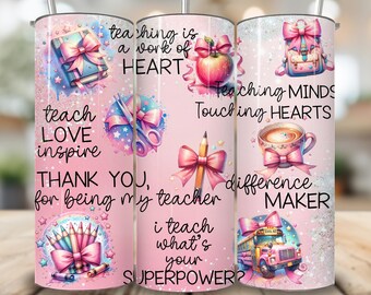 Teacher Sublimation Designs, Teacher Appreciation Gift Digital Download, Custom Name Teacher Tumbler Wrap PNG, Coquette 20oz Skinny Tumbler