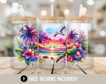 Bekerbeker tropisch strand, oceaanzeeschildpad 16oz glazen beker wrap sublimatieontwerp, beker digitaal ontwerp zomerstrand
