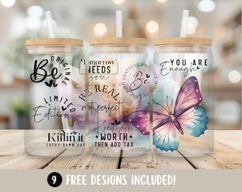 Inspirational 16oz Libbey Glass Cup Wrap,Motivational Quotes PNG Glass Can Sublimation Design, Butterfly Glass Tumbler Wrap Digital Download