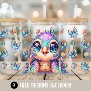 Sea Turtle Glass Can Tumbler Wrap, Coquette Turtle 16oz Glass Cup Wrap Sublimation Design, Tropical Summer Beach Digital Download