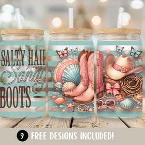 Coastal Cowgirl Beach Glass Can Wrapper, Cowgirl 16oz Glass Can Tumbler Sublimation Design, Beach Western Glass Cup Tumbler Wrap PNG