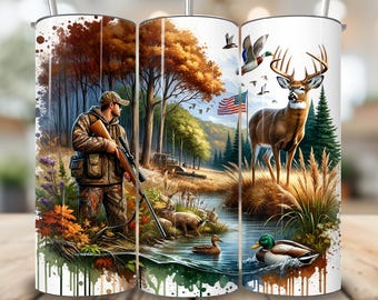 May include: A set of three sublimation tumblers featuring a hunting scene with a hunter, a deer, and ducks. The tumblers are white with a watercolor-style background.