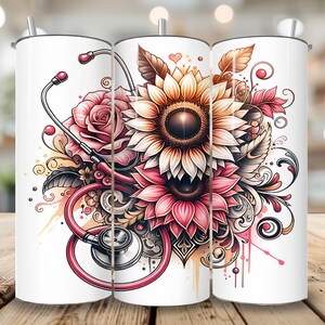 May include: White tumbler with a floral design featuring sunflowers and roses. A red stethoscope is wrapped around the flowers. The design has a watercolor effect.