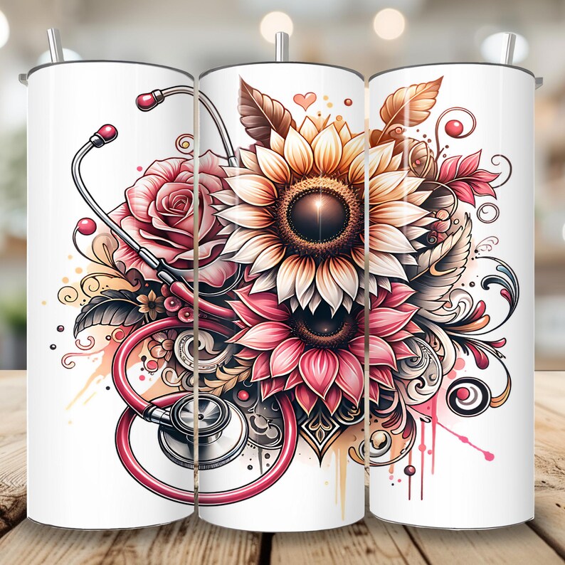 May include: White tumbler with a floral design featuring sunflowers and roses. A red stethoscope is wrapped around the flowers. The design has a watercolor effect.