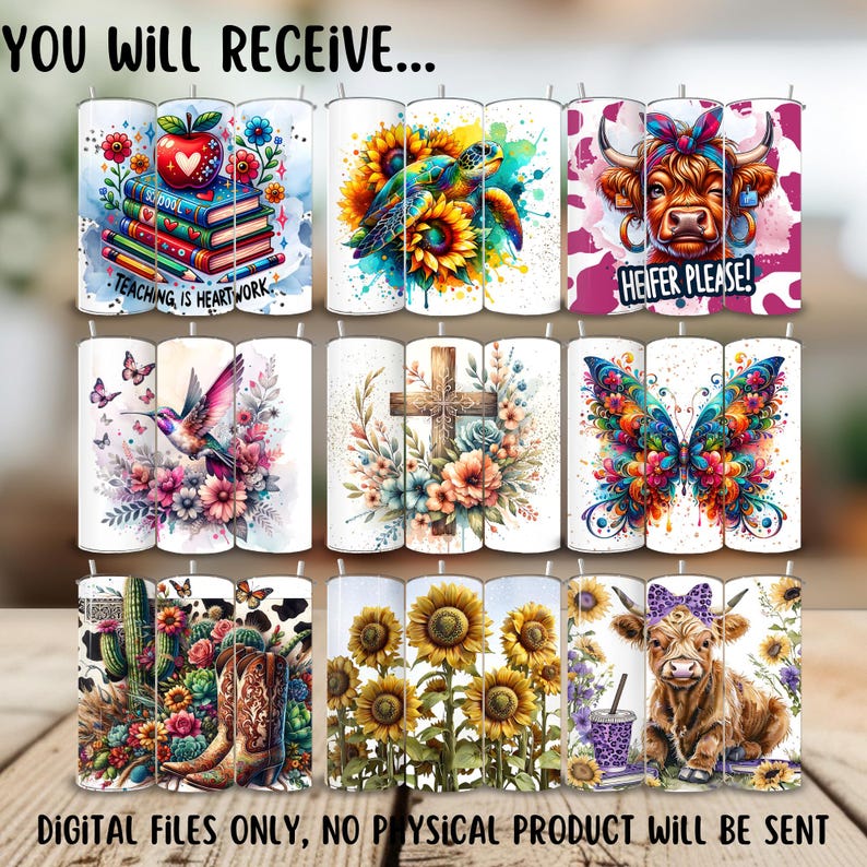 Op de afbeelding: Set van negen digitale sublimatieontwerpen met verschillende thema's, waaronder een koe, een vlinder, een kolibrie, een kruis, zonnebloemen en een cactus. De ontwerpen zijn perfect voor het maken van aangepaste bekers, mokken en andere gepersonaliseerde items.