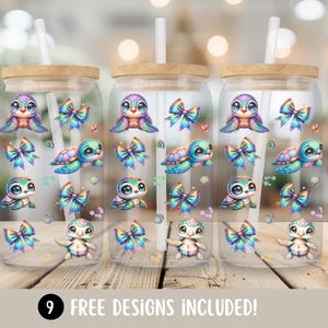 Sea Turtle Glass Can Tumbler Wrap, Coquette Turtle 16oz Glass Cup Wrap Sublimation Design,Turtle PNG, Tropical Summer Beach Digital Download