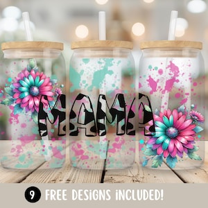 Mama Glass Can Wrap Sublimation Designs, Mothers Day PNG 16oz Libbey Glass Cup,Cowprint Mama PNG Glass Tumbler Wrap Digital Download
