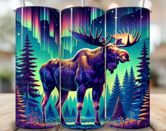 Moose Tumbler Wrap PNG, Northern Lights Digital Download, Night Forest 20oz Skinny Tumbler Wrap, Aurora Borealis Sublimation Designs