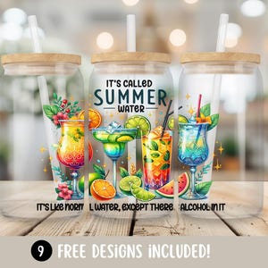 May include: Three clear glass tumblers with bamboo lids and straws. Each tumbler features a colorful cocktail design with fruit and the text "It's called Summer Water". The bottom of the tumblers read "It's like normal water, except there's alcohol in it."
