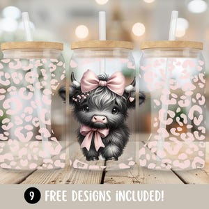 Highland Cow Pink Bow PNG, Cute Cow Glass Can Wrapper, Highland Cow 16oz Libbey Glass Cup Wrap Digital Download