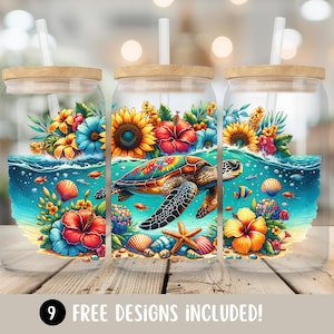 Sea Turtle Sunflower Glass Can Wrap, Sea Turtle PNG Designs, Tropical Flowers 16oz Glass Cup Wrap Sublimation Design,Summer Digital Download