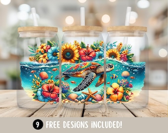 May include: Three clear glass tumblers with wooden lids and straws. Each tumbler features a vibrant, colorful design of a sea turtle swimming in the ocean, surrounded by flowers, seashells, and fish. The text "9 FREE DESIGNS INCLUDED!" is at the bottom.