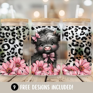 Highland Cow Flower Sublimation Design, Cowhide PNG Glass Can Wrapper, Pink Spring Highland Cow 16oz Libbey Glass Cup Wrap
