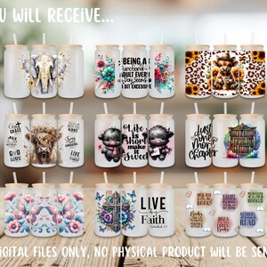May include: A set of 12 sublimation designs for 20 oz skinny tumblers. The designs feature various themes, including religious, animal, and book-themed designs. The designs are in a variety of colors and styles.