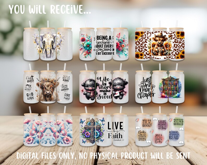 May include: A set of 12 sublimation designs for 20 oz skinny tumblers. The designs feature various themes, including religious, animal, and book-themed designs. The designs are in a variety of colors and styles.