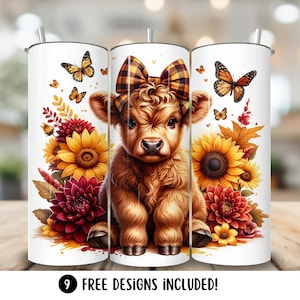 Fall Highland Cow Tumbler Wrap PNG, Sunflowers 20oz Skinny Tumbler Sublimation Design,Butterfly PNG,Autumn Tumbler Instant Digital Download