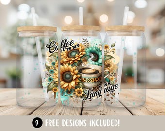 Grappige koffie 16oz Libbey glazen beker wrap png, zonnebloemen glas kan sublimatie ontwerpen, koffie citaat glazen beker wrap digitale download