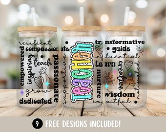 Leraar bevestiging png 16oz glazen beker wrap, leraar waardering geschenk glasblikverpakking, school png sublimatie digitale download