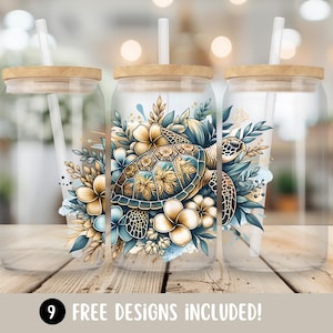 Sea Turtle Glass Can Tumbler Wrap, Tropical Flowers 16oz Glass Cup Wrap Sublimation Design, Sea Turtle PNG Designs, Summer Digital Download
