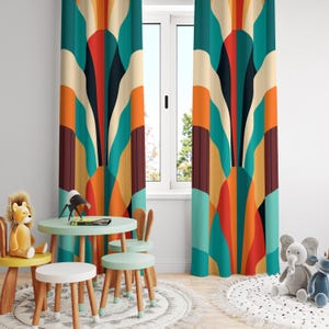 Retro Style Drapery, Vibrant Geometric Curtains, Mid-Century Modern, Colorful Abstract Drapes, Bold Arc Pattern Curtain, Contemporary Design