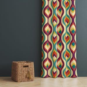 Retro 70s Geometric Curtain: Teal Orange Mid-Century Modern Drapery