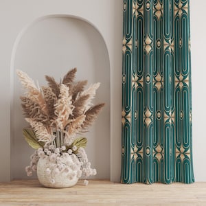 Art Deco Curtain: Gold Green Geometric Print, Bohemian Style