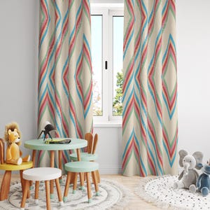 Vintage Grunge Geometric Curtain, Retro Mid-Century Modern Drapery, Colorful Striped Diamond Pattern Curtain, Abstract Geometric Drapes