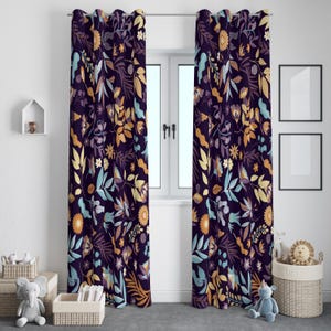 Moody Floral Print Curtain, Botanical Curtain Panel Curtain, Modern Floral Curtain, Midnight Floral Curtain, Whimsical Floral Curtain