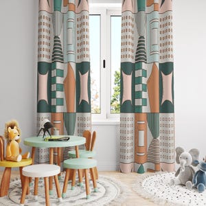 Abstract Shapes Drapes, Geometric Pattern Curtains, Modern Design Drapes, Mid-Century Modern Drapery, Colorful Block Pattern Curtains
