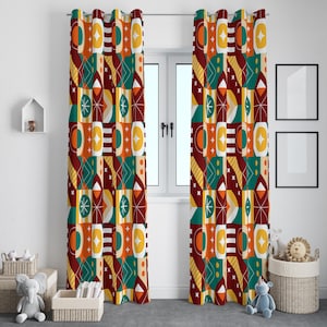 Abstract Geometric Curtain: Mid-Century Modern Block Print Drapery