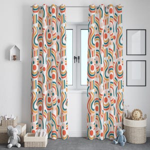 Abstract Geometric Curtains, Mid-Century Modern Pattern Curtains, Organic Shapes,Curtains, Vibrant Hues Drapes, Curved Lines Curtains