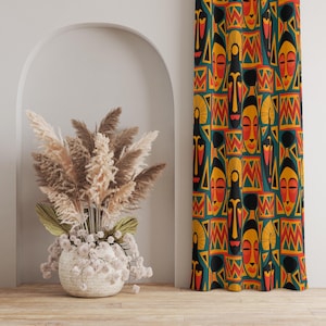 Tribal Faces Curtain: Global African Geometric Pattern, Boho Style