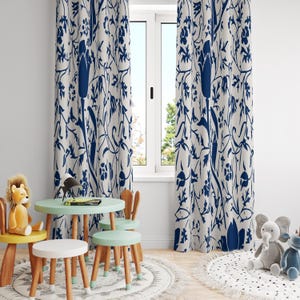 Vintage Blue Floral Curtains: Damask Botanical Print, 50% Light Filtering